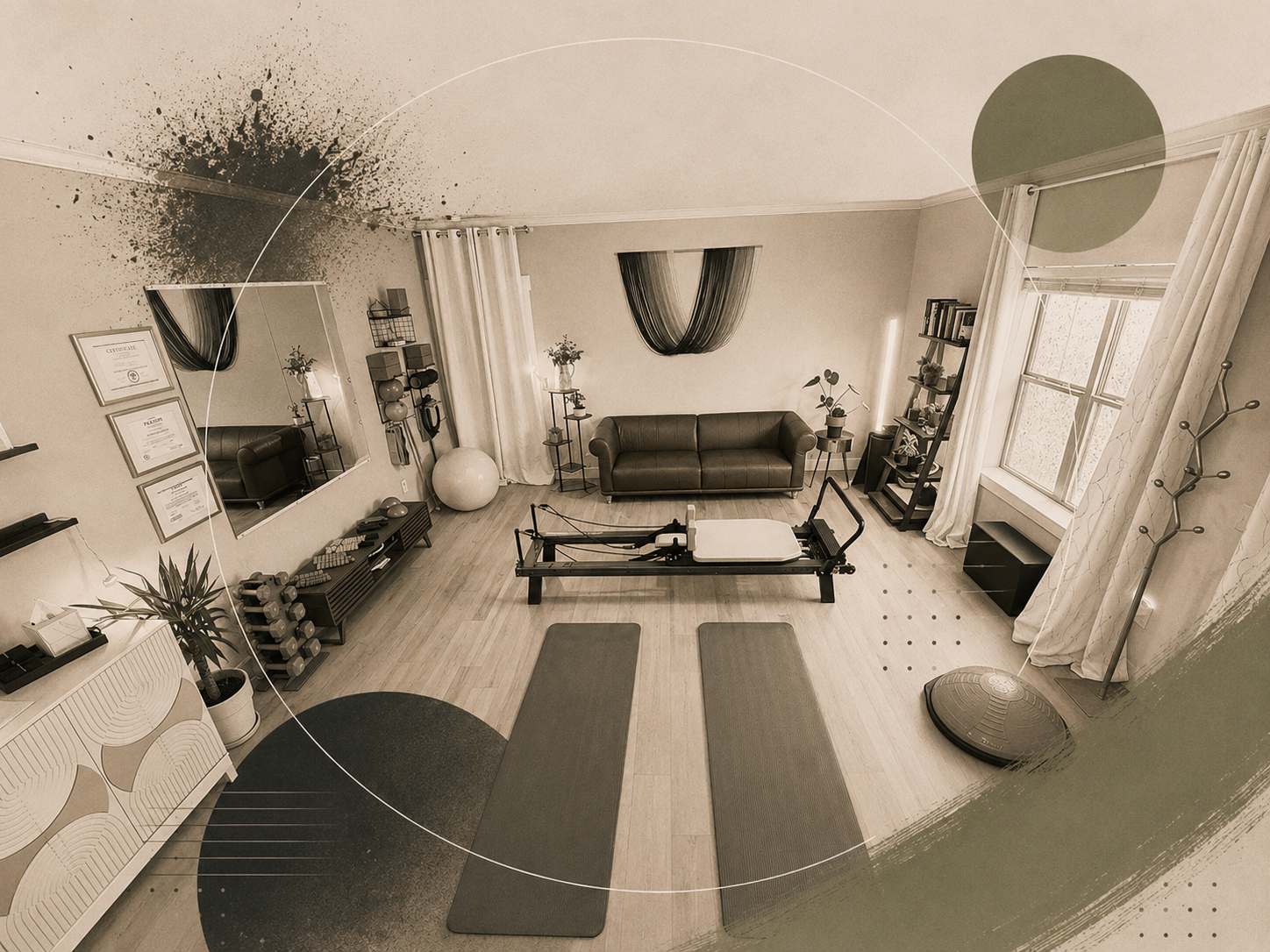 Editorial overhead view of the private studio: reformer, mats, and warm oak floors.